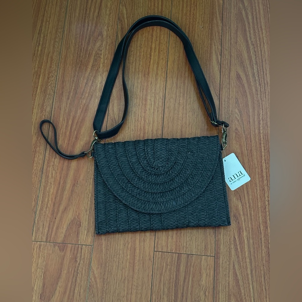 NWT a.n.a Black Flap Straw Clutch Purse Handbag Crossbody
